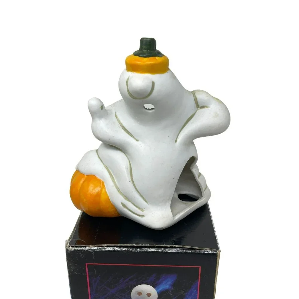Vintage Ceramic Porcelain Bisque Halloween Ghost‎ Lantern Tealight Candle Holder